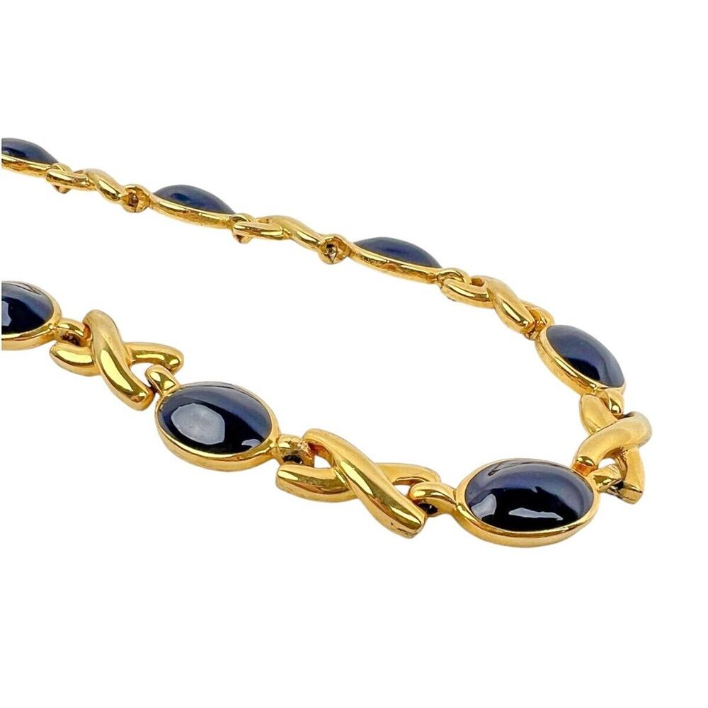 Blue Cabochon Choker Necklace Art Deco XO Links Retro Chic Gold Tone Acrylic